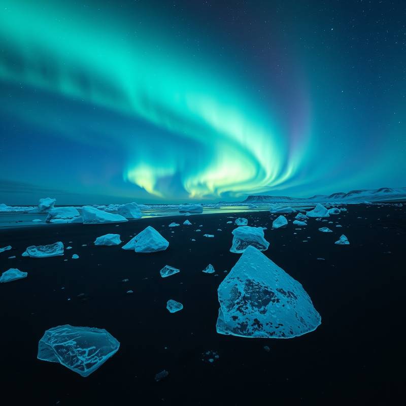 Aurora boreal sobre una playa de arena negra en Islandia, con icebergs dispersos.