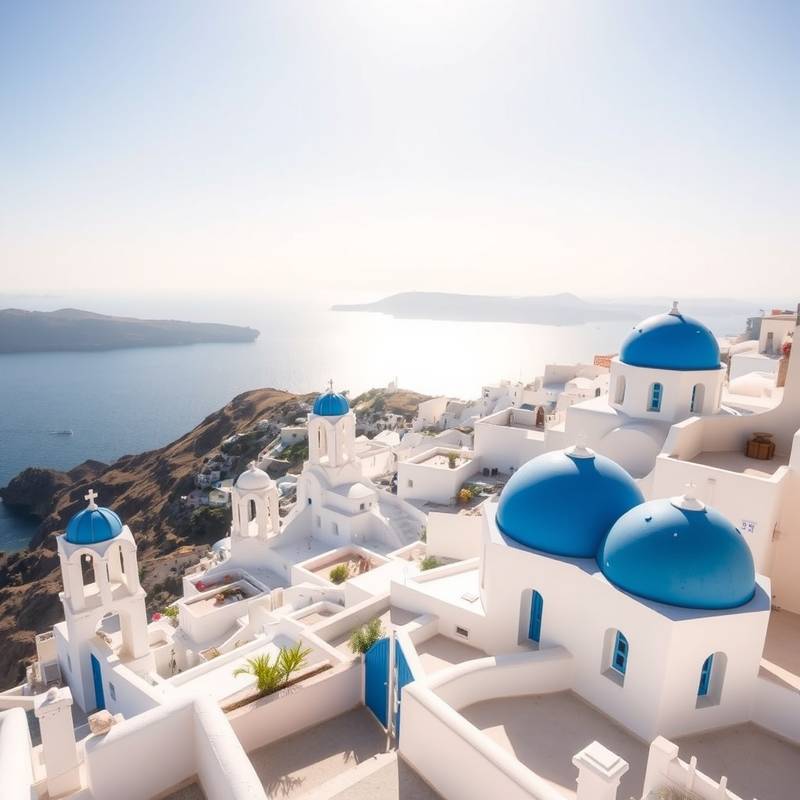 Casas blancas y azules en la isla de Santorini, Grecia, con vista al mar Egeo.