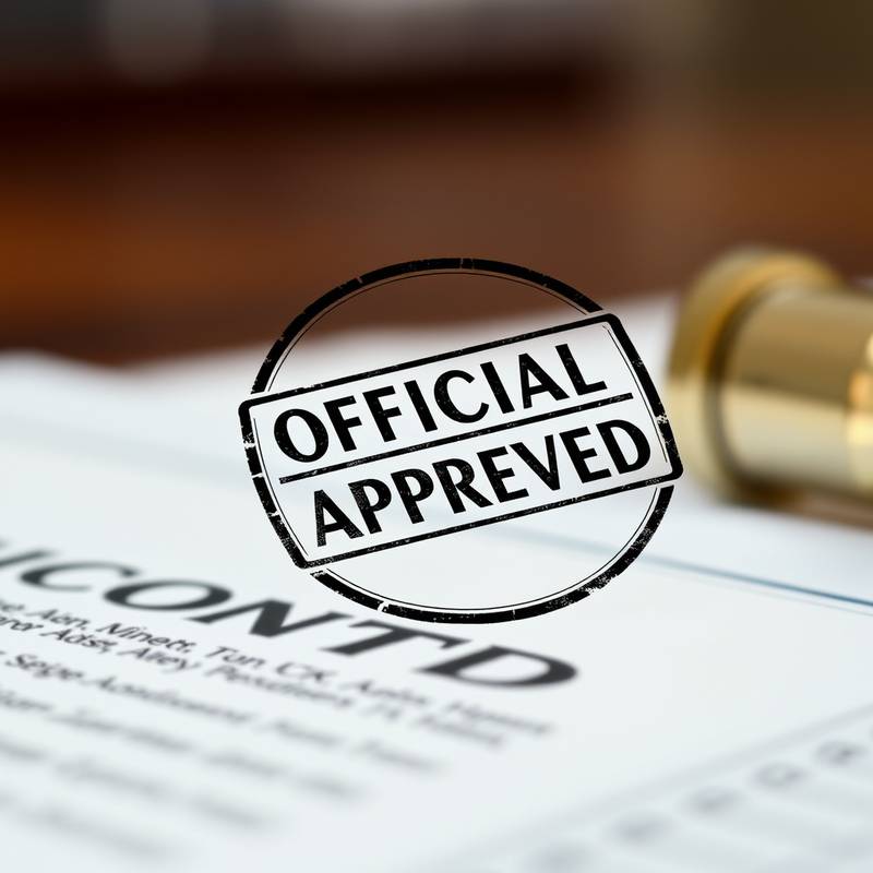 Documentos oficiales de permisos y licencias con un sello de aprobación.