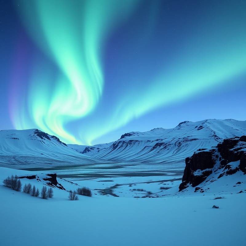 Fotografía de la aurora boreal danzando sobre un paisaje nevado en Islandia.