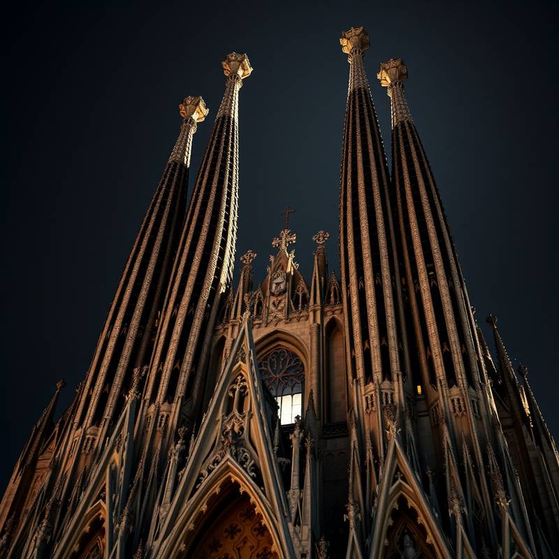 Fotografía de la Sagrada Familia en Barcelona, mostrando sus intrincadas fachadas y torres.