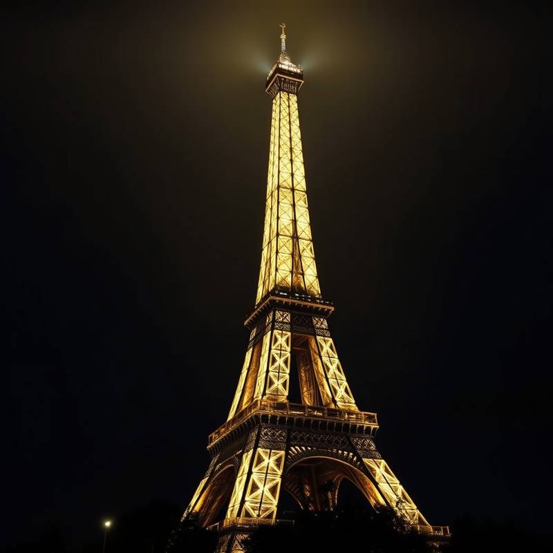 Fotografía de la Torre Eiffel en París, iluminada por la noche, con el cielo oscuro de fondo.