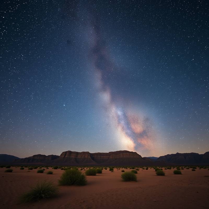 Fotografía de la Vía Láctea sobre un paisaje desértico, con estrellas brillantes y un cielo nocturno despejado.