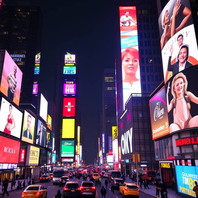 Fotografía de Times Square en Nueva York, con sus brillantes luces y pantallas publicitarias.