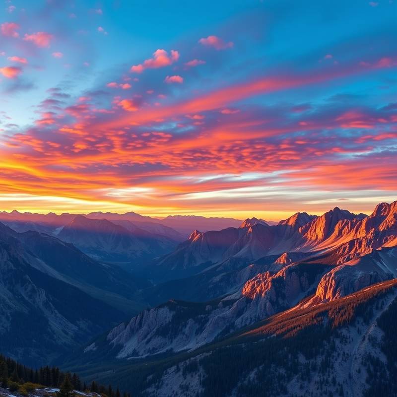 Fotografía de un amanecer sobre las montañas Rocosas, con colores vibrantes y una vista panorámica impresionante.