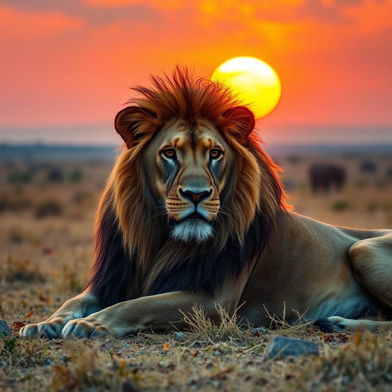 Fotografía de un león majestuoso descansando en la sabana africana al atardecer.