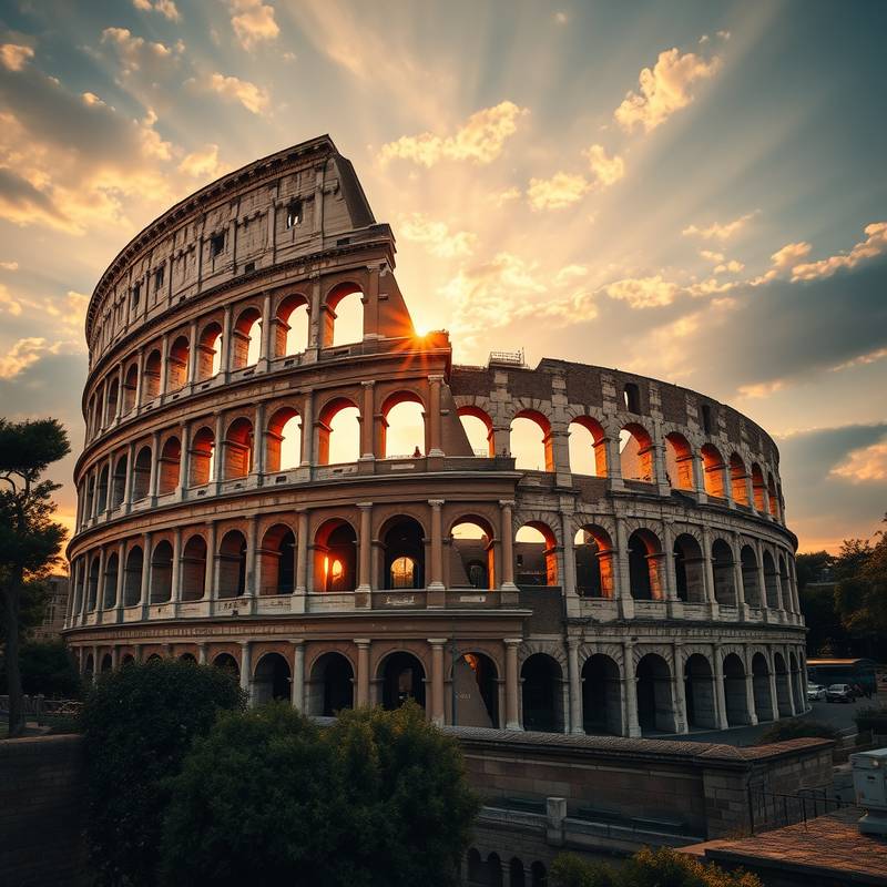 Fotografía del Coliseo Romano en Roma, mostrando su arquitectura antigua y la luz dorada del atardecer.