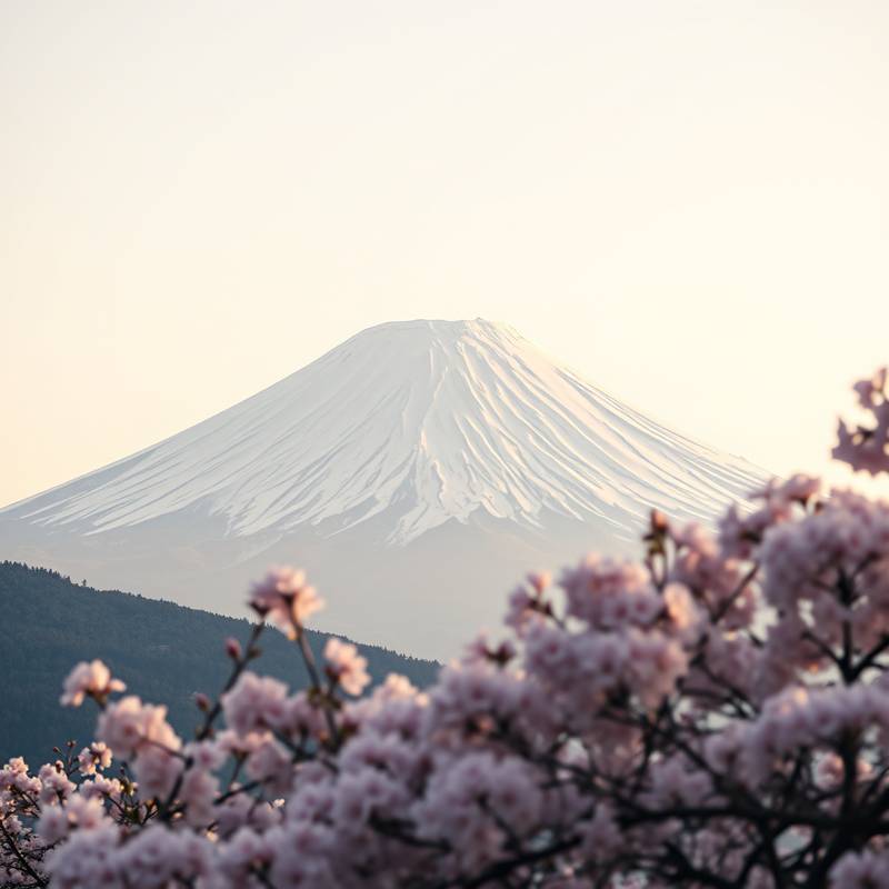 Fotografía del Monte Fuji en Japón, con cerezos en flor en primer plano y el volcán nevado al fondo.
