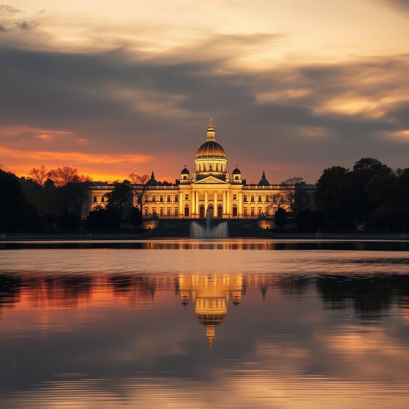 Fotografía del Parque del Retiro en Madrid al atardecer, con el lago y el Palacio de Cristal iluminados.