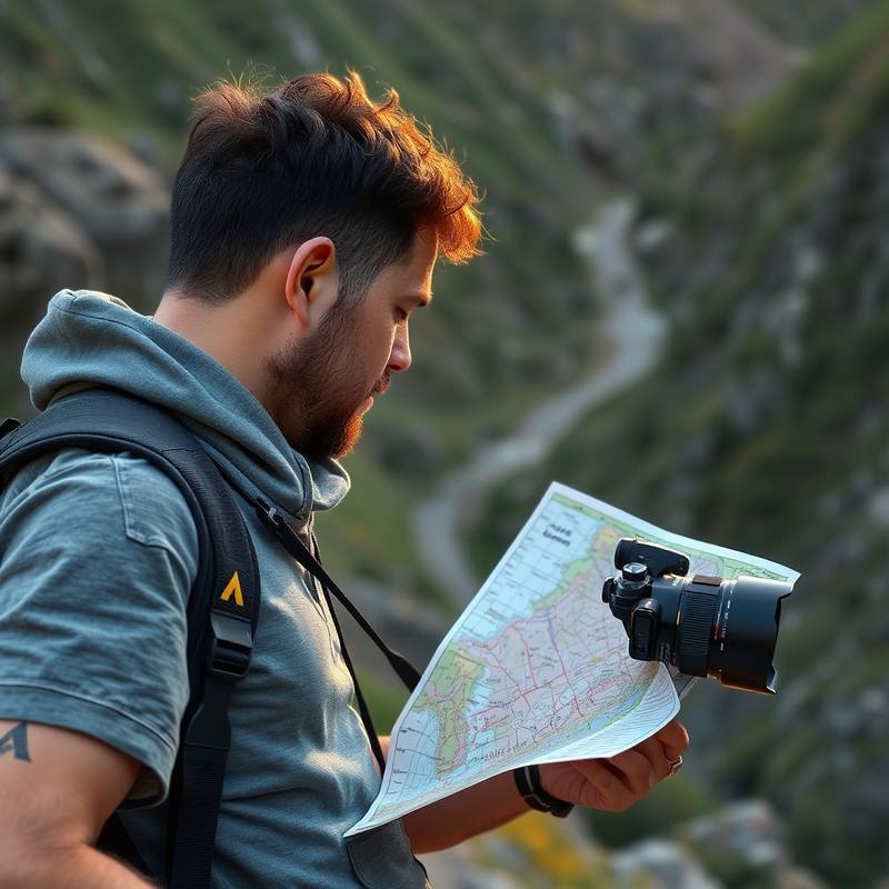 Fotógrafo explorando un nuevo lugar con una cámara y un mapa.