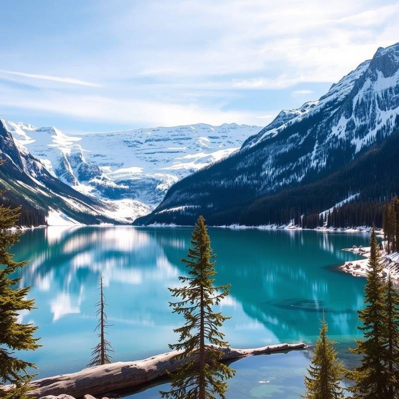 Lago Louise en Banff National Park, Canadá, con montañas nevadas y un glaciar en el fondo.