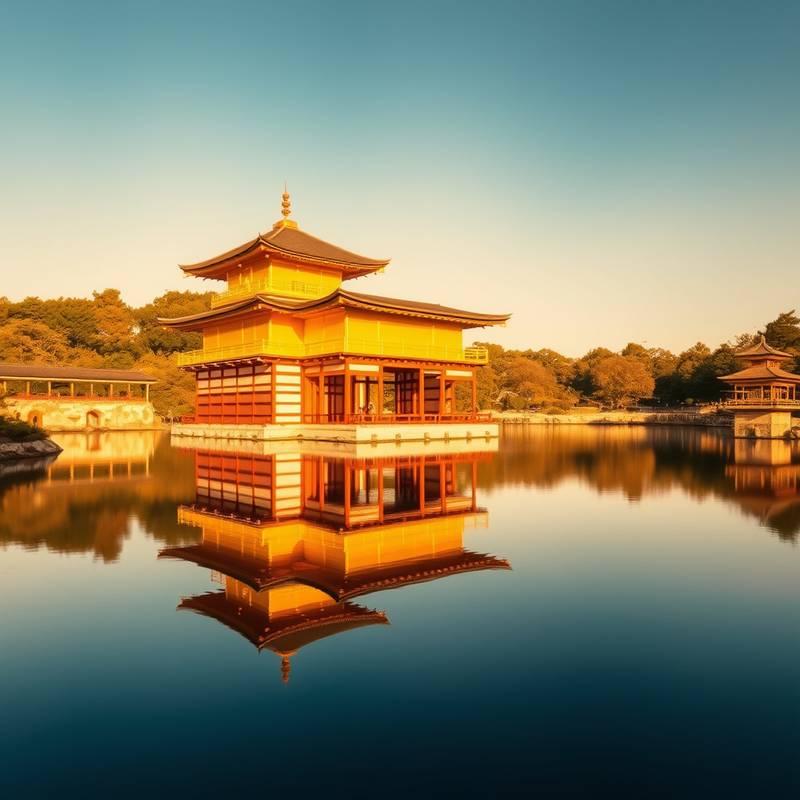 Templo Kinkaku-ji (Pabellón Dorado) en Kyoto, Japón, reflejado en un estanque tranquilo.