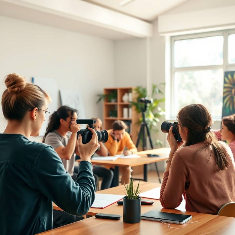 Un grupo de personas aprendiendo sobre fotografía en un taller con un instructor.