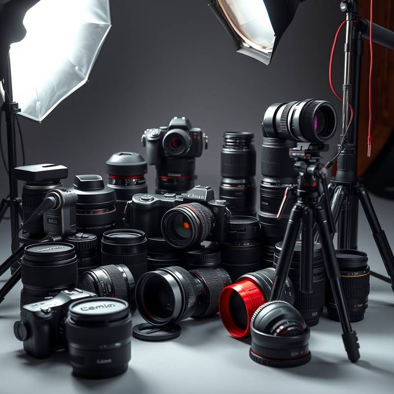 Variedad de equipos fotográficos, incluyendo cámaras, lentes y trípodes.