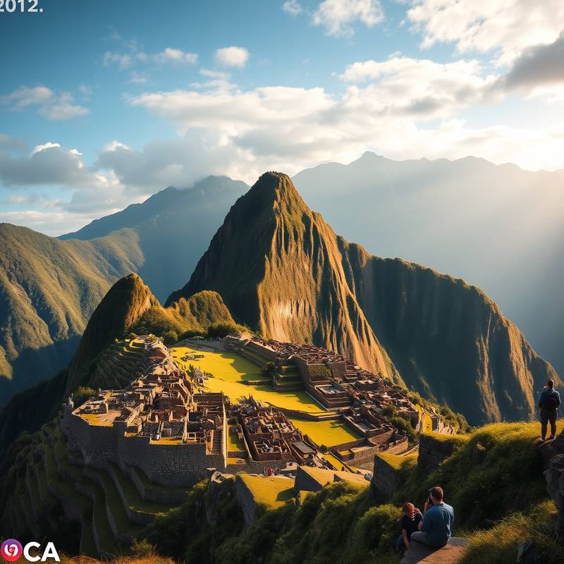 Vista panorámica de Machu Picchu, Perú, con ruinas antiguas y montañas en la distancia.